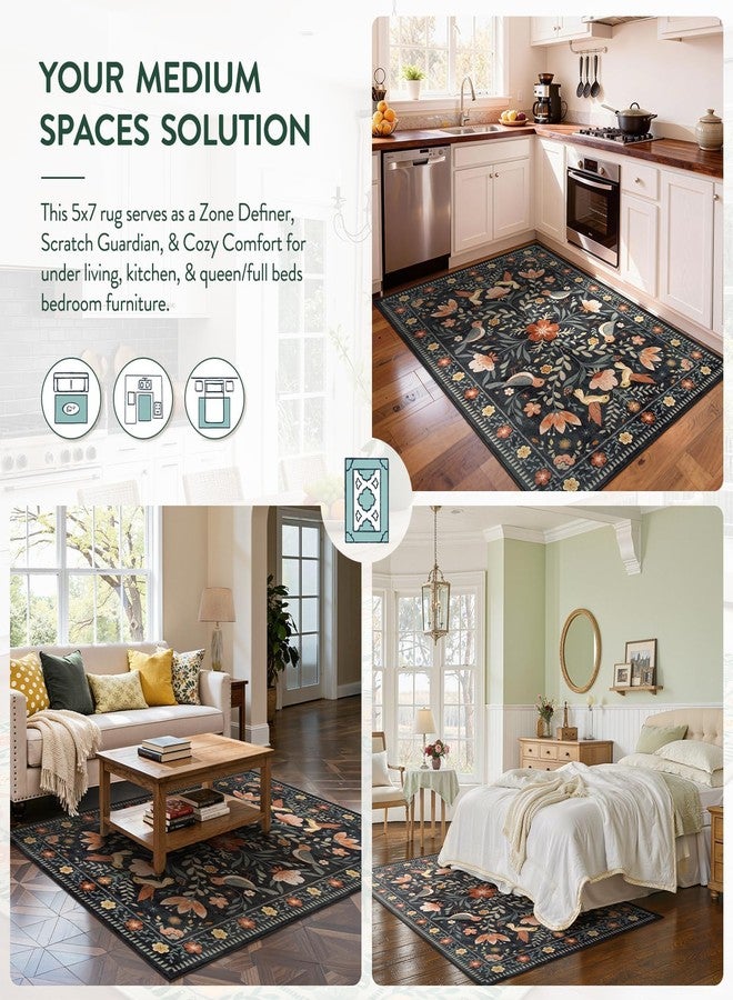 Moynesa Bedroom Rug 5x7, Washable Modern Transitional Black Area Rugs for Living Room Dining Room, Farmhouse Floral Bird Print Carpet, Folk Art Home Decor Open Floor Areas Non-Slip Protection - Image 4