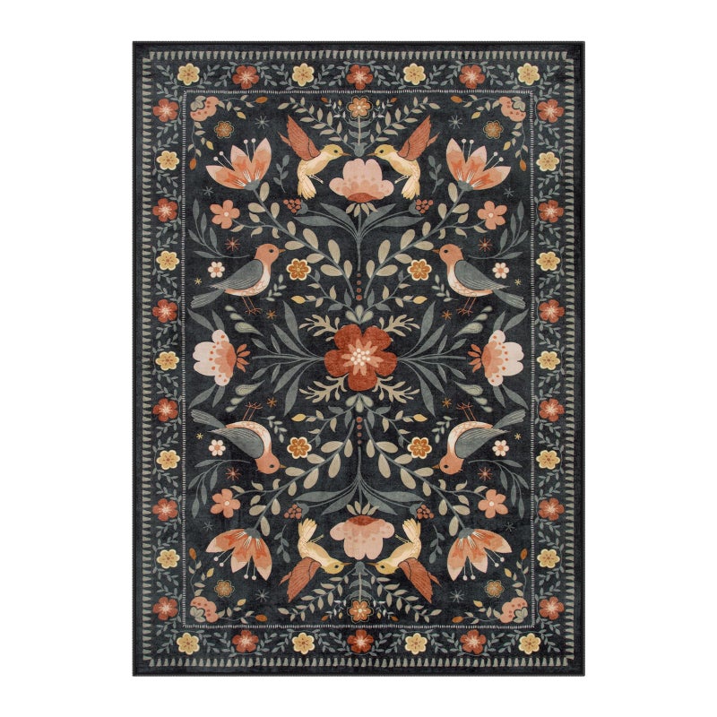 Moynesa Bedroom Rug 5x7, Washable Modern Transitional Black Area Rugs for Living Room Dining Room, Farmhouse Floral Bird Print Carpet, Folk Art Home Decor Open Floor Areas Non-Slip Protection - Image 1