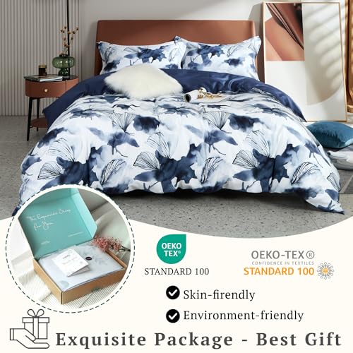MILDLY 100% Long Staple Cotton Duvet Cover Set Dark Blue Ginkgo Leaf Watercolor Comforter Cover Set - Image 4