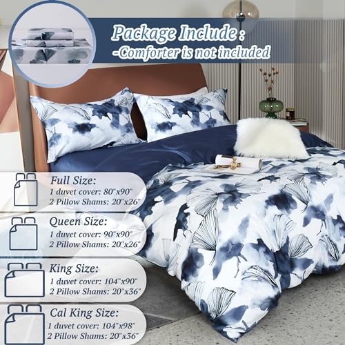 MILDLY 100% Long Staple Cotton Duvet Cover Set Dark Blue Ginkgo Leaf Watercolor Comforter Cover Set - Image 5