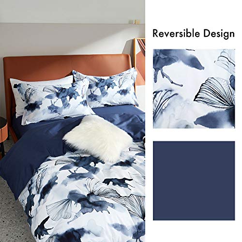 MILDLY 100% Long Staple Cotton Duvet Cover Set Dark Blue Ginkgo Leaf Watercolor Comforter Cover Set - Image 3