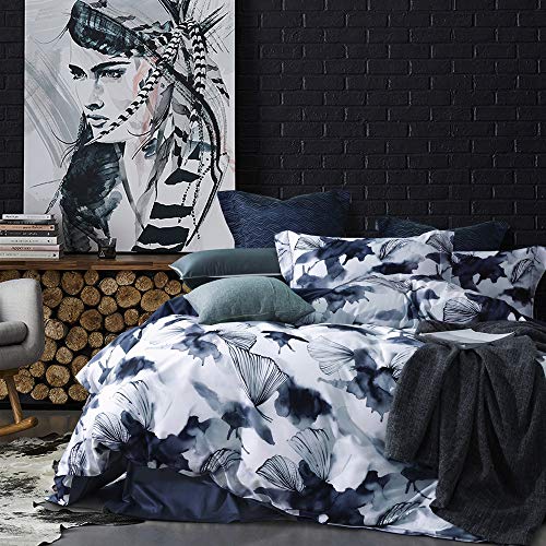 MILDLY 100% Long Staple Cotton Duvet Cover Set Dark Blue Ginkgo Leaf Watercolor Comforter Cover Set - Image 1