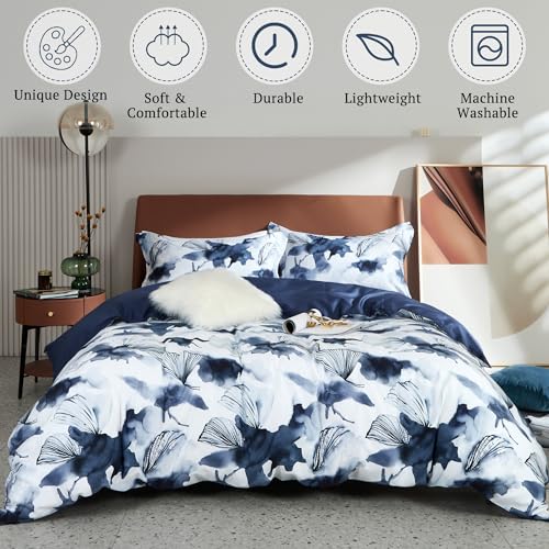 MILDLY 100% Long Staple Cotton Duvet Cover Set Dark Blue Ginkgo Leaf Watercolor Comforter Cover Set - Image 2