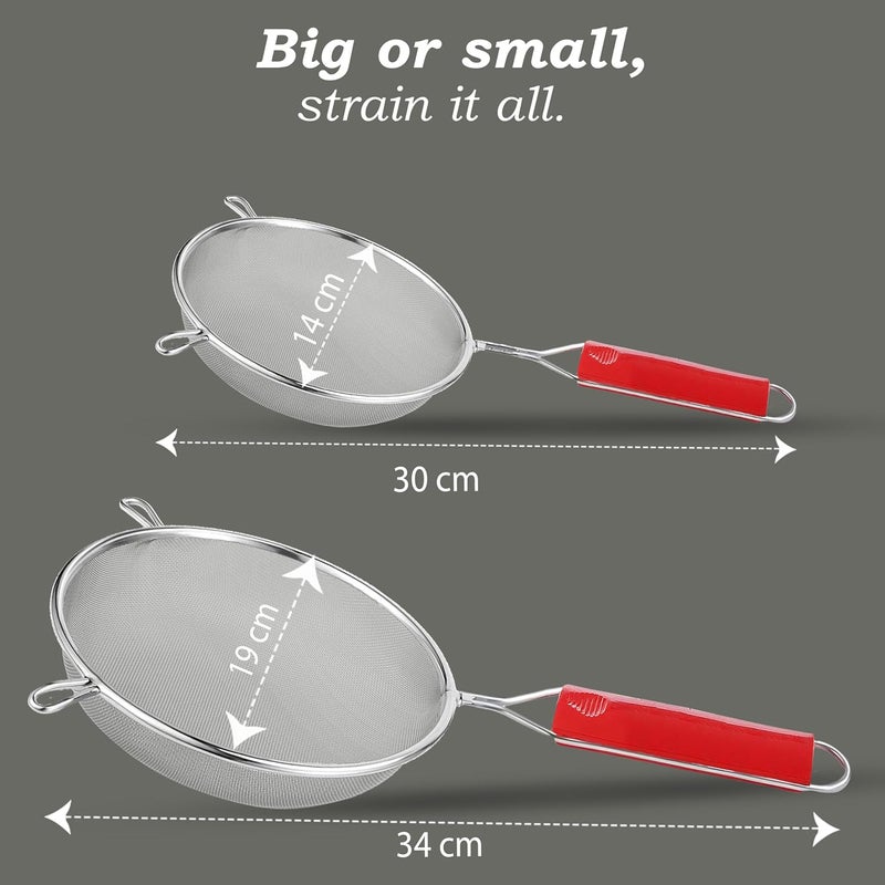 Unify 2 Pieces Stainless Steel Soup & Juice Strainer/Liquid Filter for Kitchen Use, Soup Chalni with Red Handle, Rice & Juice Use (Size-5, 7, Dia-13.5cm, 18.5cm, Set of 2, Silver) - Image 4