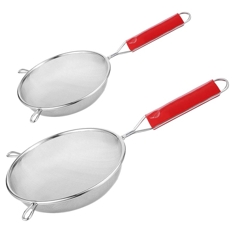 Unify 2 Pieces Stainless Steel Soup & Juice Strainer/Liquid Filter for Kitchen Use, Soup Chalni with Red Handle, Rice & Juice Use (Size-5, 7, Dia-13.5cm, 18.5cm, Set of 2, Silver) - Image 1