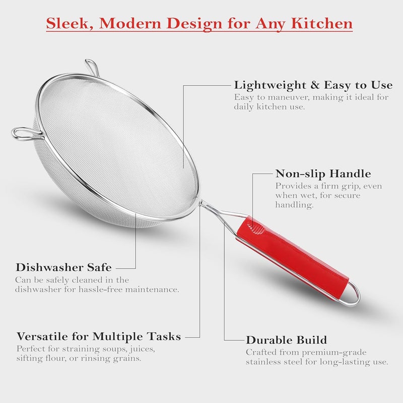 Unify 2 Pieces Stainless Steel Soup & Juice Strainer/Liquid Filter for Kitchen Use, Soup Chalni with Red Handle, Rice & Juice Use (Size-5, 7, Dia-13.5cm, 18.5cm, Set of 2, Silver) - Image 5