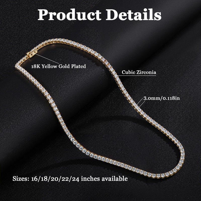 Gemsme 18K Yellow Gold Plated 3.0mm Round Cubic Zirconia Classic Tennis Necklace for Women and Men 18 Inch - Image 4
