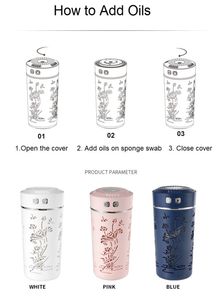 Car and office aroma diffuser works with water perfume with ultrasonic light, purifies and perfumes the air, works with DC current, 7 different colors, 250 ml