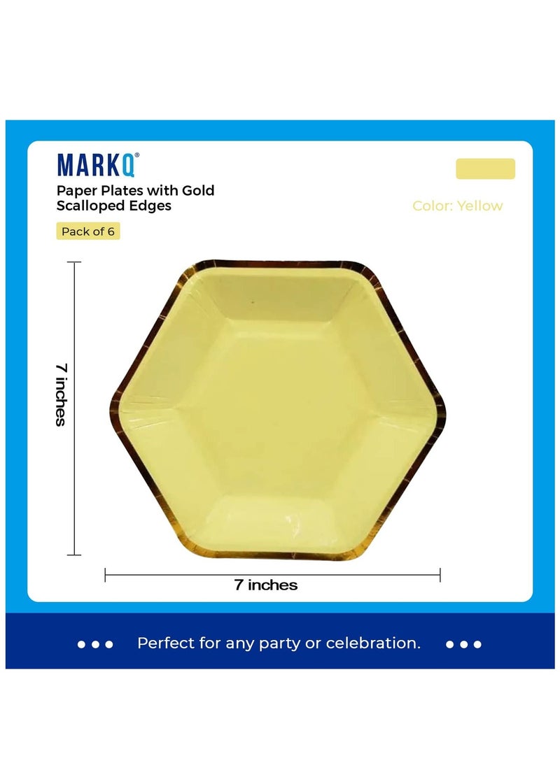 MARKQ أطباق ورقية صفراء للحفلات، أطباق يمكن التخلص منها مقاس 7 بوصات مع حواف مزخرفة برقائق ذهبية لحفلات الزفاف والنزهات وحفلات استقبال المولود وديكورات الذكرى السنوية ولوازم حفلات أعياد الميلاد [عبوة من 6 قطع] - Image 2