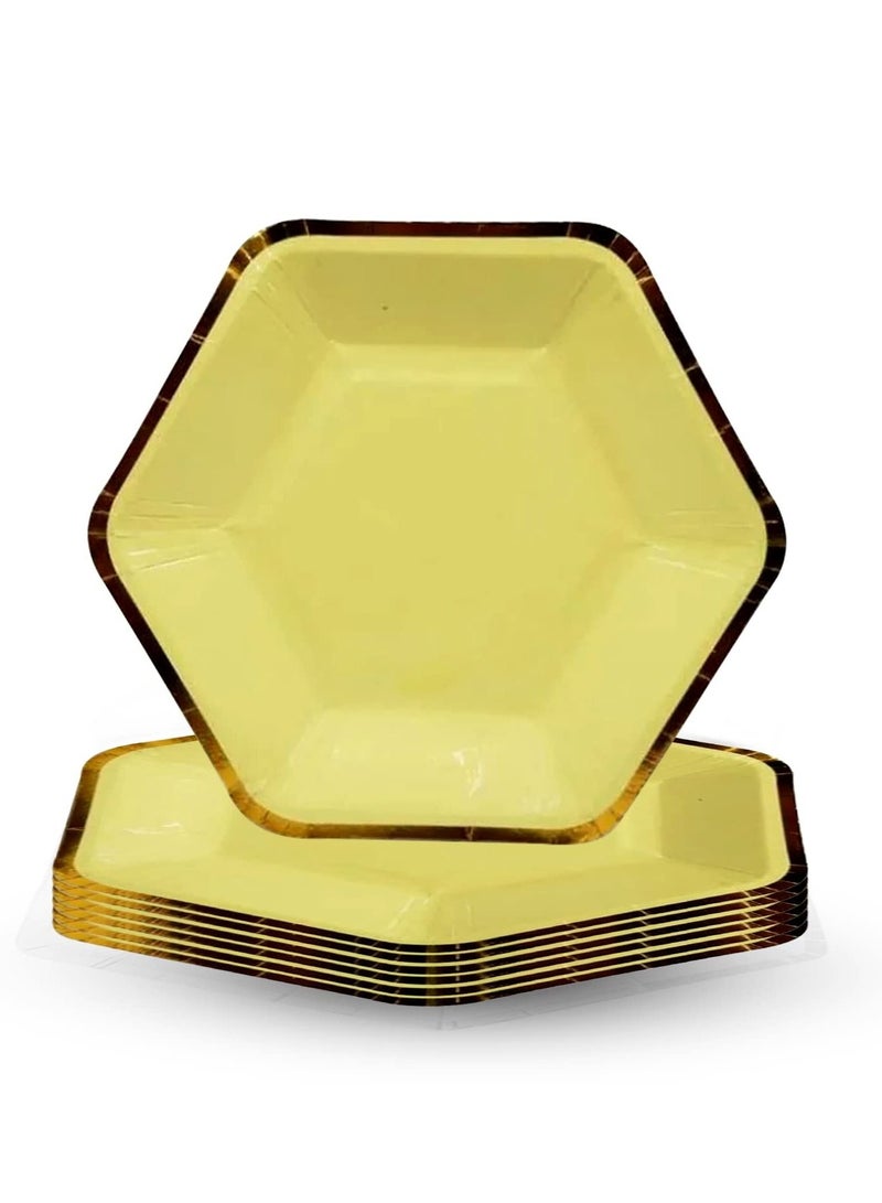 MARKQ أطباق ورقية صفراء للحفلات، أطباق يمكن التخلص منها مقاس 7 بوصات مع حواف مزخرفة برقائق ذهبية لحفلات الزفاف والنزهات وحفلات استقبال المولود وديكورات الذكرى السنوية ولوازم حفلات أعياد الميلاد [عبوة من 6 قطع] - Image 1