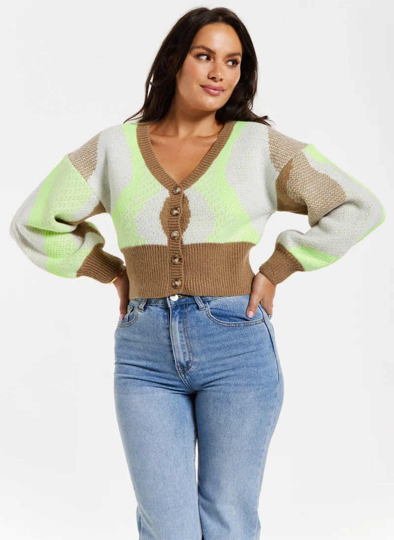 Liquorish Cardigan In Brown, Green And Cream