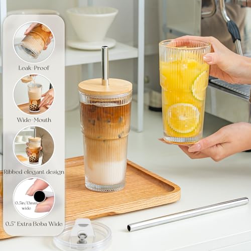 KEMORELA 20oz Ribbed Glass Tumblers with Bamboo & 2 in 1 Leak-proof Lids, Extra-Wide 13mm Reusable Stainless Steel Straws, 2Pcs Vintage Drinking Glasses for Boba, Iced Coffee, Smoothies,Travel Cups - Image 3