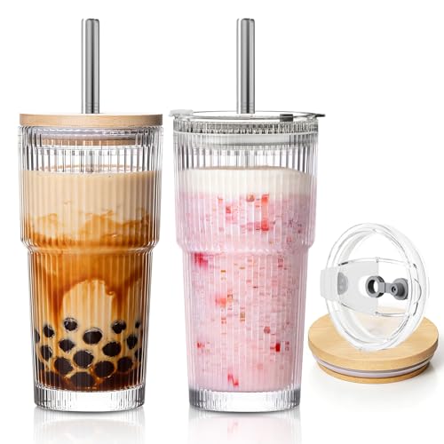 KEMORELA 20oz Ribbed Glass Tumblers with Bamboo & 2 in 1 Leak-proof Lids, Extra-Wide 13mm Reusable Stainless Steel Straws, 2Pcs Vintage Drinking Glasses for Boba, Iced Coffee, Smoothies,Travel Cups - Image 1