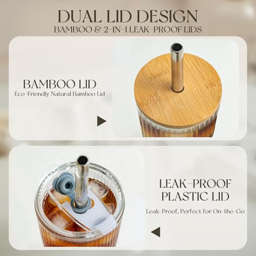 KEMORELA 20oz Ribbed Glass Tumblers with Bamboo & 2 in 1 Leak-proof Lids, Extra-Wide 13mm Reusable Stainless Steel Straws, 2Pcs Vintage Drinking Glasses for Boba, Iced Coffee, Smoothies,Travel Cups - Image 4