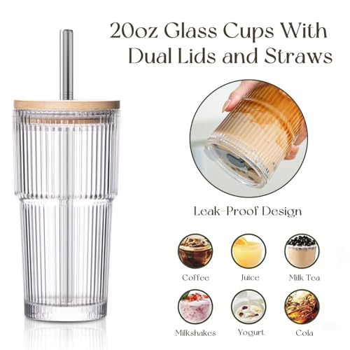 KEMORELA 20oz Ribbed Glass Tumblers with Bamboo & 2 in 1 Leak-proof Lids, Extra-Wide 13mm Reusable Stainless Steel Straws, 2Pcs Vintage Drinking Glasses for Boba, Iced Coffee, Smoothies,Travel Cups - Image 5