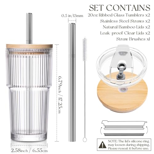 KEMORELA 20oz Ribbed Glass Tumblers with Bamboo & 2 in 1 Leak-proof Lids, Extra-Wide 13mm Reusable Stainless Steel Straws, 2Pcs Vintage Drinking Glasses for Boba, Iced Coffee, Smoothies,Travel Cups - Image 2