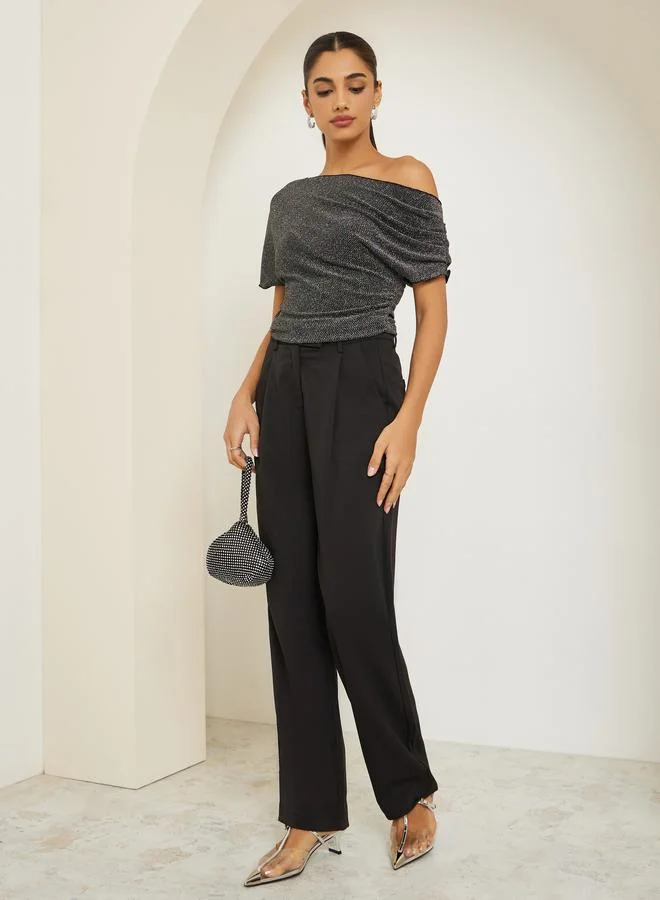 Styli Women Black Shimmer Asymmetric Neck Top