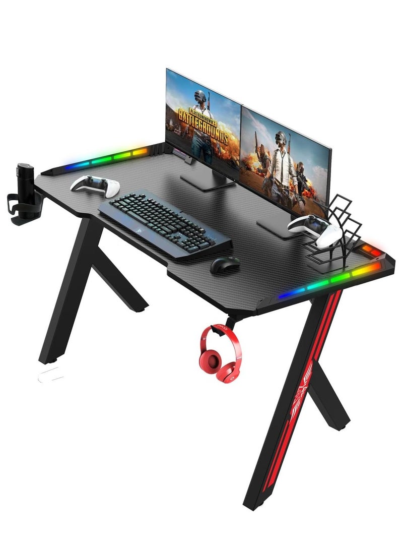 Generic Home Office Desk Ergonomic Gaming Desk with RGB LED Lights Computer Gamer Table with Carbon Fiber Desktop and Cup Holder & Hedphone Hook (120cm x 60cm x 74cm)  - Image 1