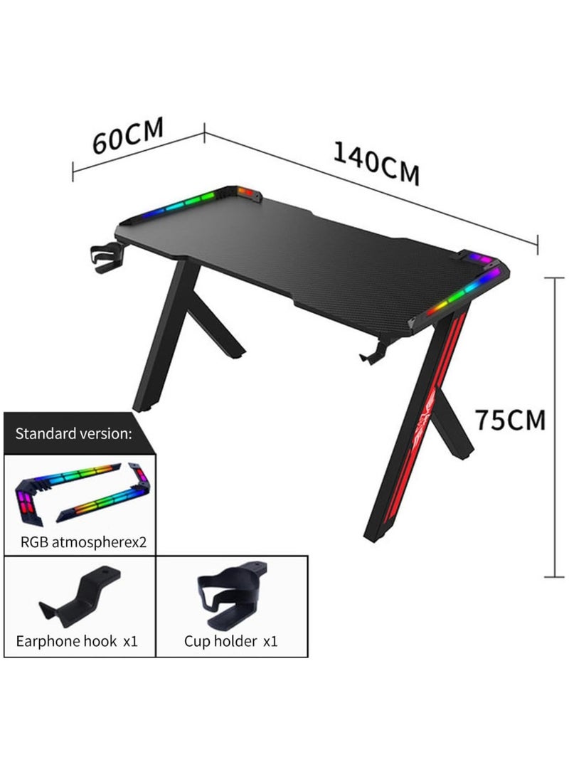 Generic Home Office Desk Ergonomic Gaming Desk with RGB LED Lights Computer Gamer Table with Carbon Fiber Desktop and Cup Holder & Hedphone Hook (120cm x 60cm x 74cm)  - Image 2