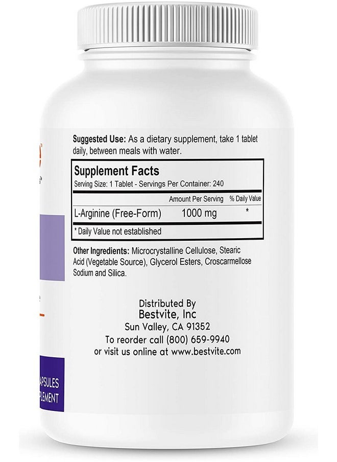 L Arginine 1000Mg Per Tablet (240 Tablets) Containing 20% More Pure L Arginine As Compared To L Arginine Hcl Products