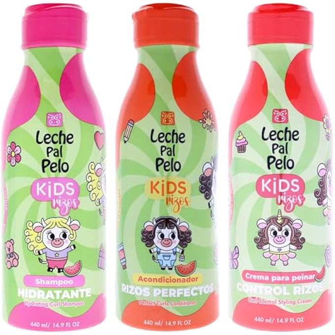 Kids Curly Kit by Leche Pal Pelo for Kids - 3 Pc Kit 14.9oz- Hydrating Curl Shampoo, Conditioner, Styling Cream