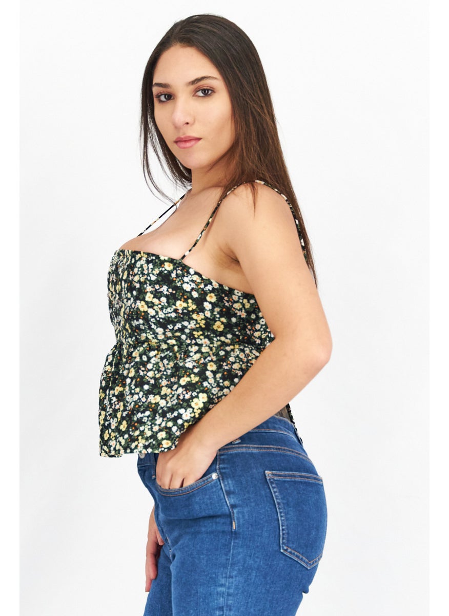 Fashion Union - Women Square Neck Sleeveless Floral Print Taps, Black Combo - Image 1