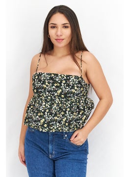 Women Square Neck Sleeveless Floral Print Taps, Black Combo