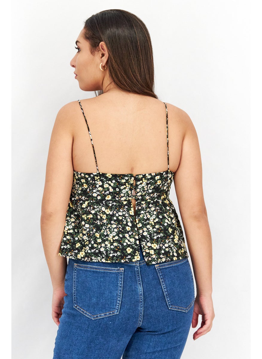 Fashion Union - Women Square Neck Sleeveless Floral Print Taps, Black Combo - Image 1