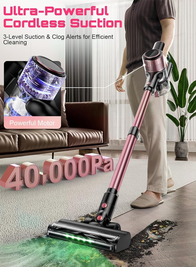 Chillspace Cordless Vacuum Cleaner, 10-In-1 Stick Vacuum With Powerful 40 KPa Suction, 3 Power Modes Removable Battery That Runs for 45 Minutes - Tangle-Resistant Brush, Hose, Lightweight With Green LED Light - Ideal For Home, Hard Floors, Carpets and Pet Hair - Pink - Image 2
