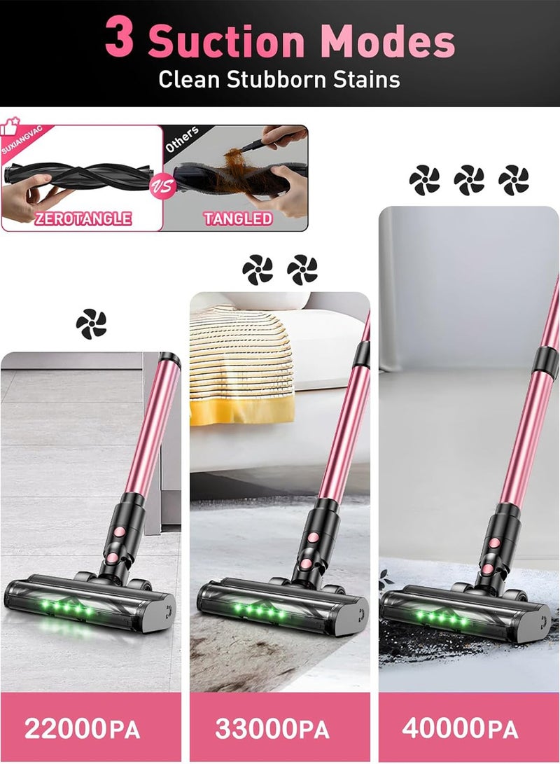 Chillspace Cordless Vacuum Cleaner, 10-In-1 Stick Vacuum With Powerful 40 KPa Suction, 3 Power Modes Removable Battery That Runs for 45 Minutes - Tangle-Resistant Brush, Hose, Lightweight With Green LED Light - Ideal For Home, Hard Floors, Carpets and Pet Hair - Pink - Image 3