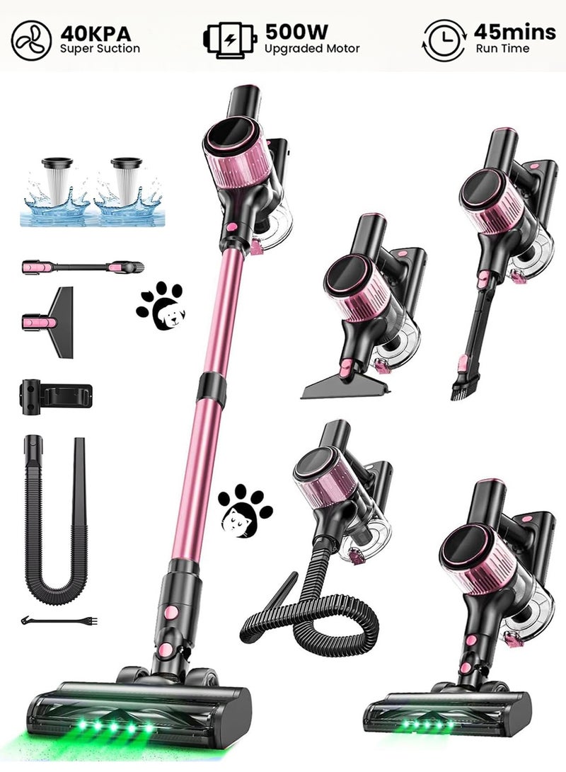 Chillspace Cordless Vacuum Cleaner, 10-In-1 Stick Vacuum With Powerful 40 KPa Suction, 3 Power Modes Removable Battery That Runs for 45 Minutes - Tangle-Resistant Brush, Hose, Lightweight With Green LED Light - Ideal For Home, Hard Floors, Carpets and Pet Hair - Pink - Image 1