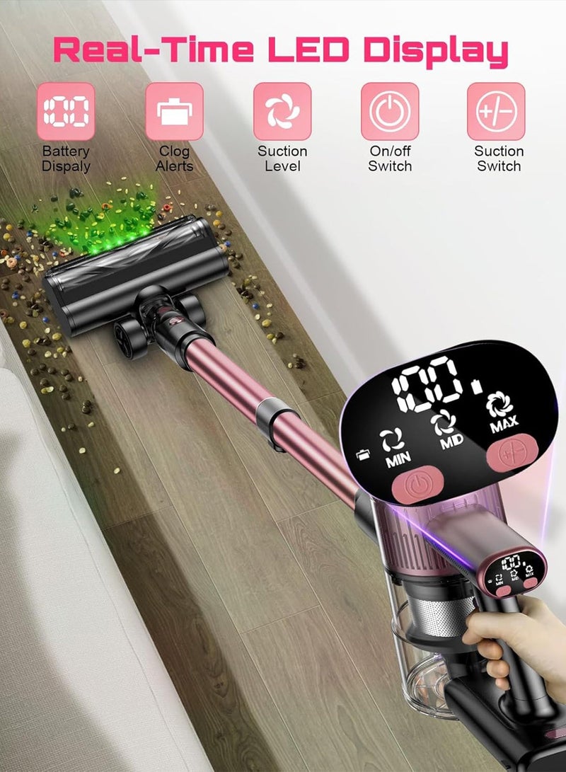 Chillspace Cordless Vacuum Cleaner, 8-In-1 Stick Vacuum with Powerful 40 KPa Suction, 3 Power Modes & Removable Battery That Runs for 45 Minutes, Tangle-Resistant Brush, Lightweight with Green LED Light, Ideal for Home, Hard Floors, Carpets and Pet Hair, Pink - Image 4