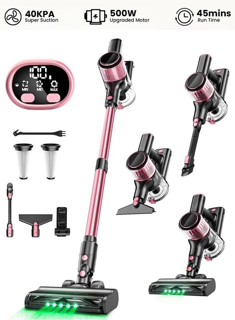 Chillspace Cordless Vacuum Cleaner, 8-In-1 Stick Vacuum with Powerful 40 KPa Suction, 3 Power Modes & Removable Battery That Runs for 45 Minutes, Tangle-Resistant Brush, Lightweight with Green LED Light, Ideal for Home, Hard Floors, Carpets and Pet Hair, Pink - Image 1