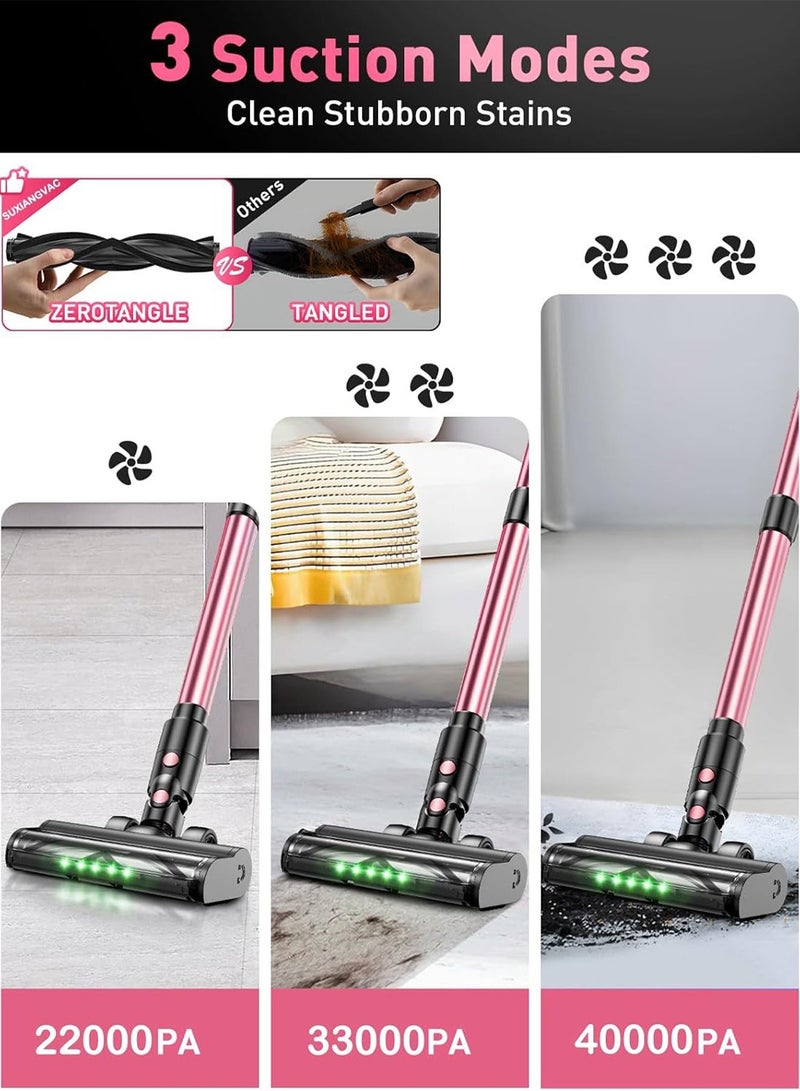 Chillspace Cordless Vacuum Cleaner, 8-In-1 Stick Vacuum with Powerful 40 KPa Suction, 3 Power Modes & Removable Battery That Runs for 45 Minutes, Tangle-Resistant Brush, Lightweight with Green LED Light, Ideal for Home, Hard Floors, Carpets and Pet Hair, Pink - Image 3