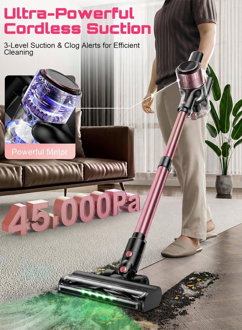 Chillspace Cordless Vacuum Cleaner, 10-In-1 Stick Vacuum With Powerful 45 KPa Suction, 3 Power Modes Removable Battery That Runs for 45 Minutes - Tangle-Resistant Brush, Hose, Lightweight With Green LED Light - Ideal For Home, Hard Floors, Carpets and Pet Hair - Pink - Image 2