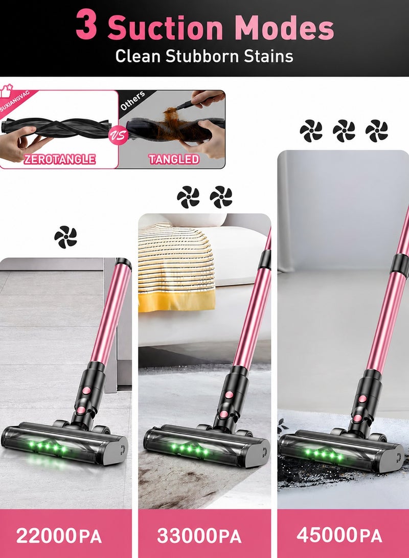 Chillspace Cordless Vacuum Cleaner, 10-In-1 Stick Vacuum With Powerful 45 KPa Suction, 3 Power Modes Removable Battery That Runs for 45 Minutes - Tangle-Resistant Brush, Hose, Lightweight With Green LED Light - Ideal For Home, Hard Floors, Carpets and Pet Hair - Pink - Image 3