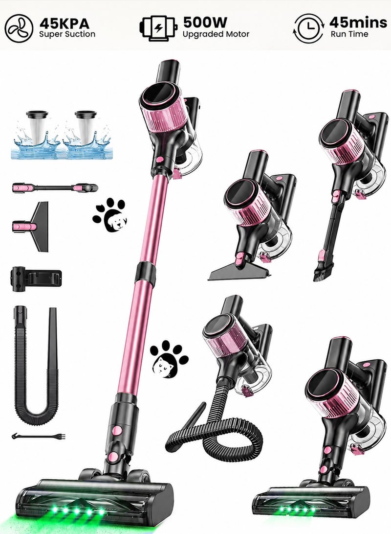 Chillspace Cordless Vacuum Cleaner, 10-In-1 Stick Vacuum With Powerful 45 KPa Suction, 3 Power Modes Removable Battery That Runs for 45 Minutes - Tangle-Resistant Brush, Hose, Lightweight With Green LED Light - Ideal For Home, Hard Floors, Carpets and Pet Hair - Pink - Image 1