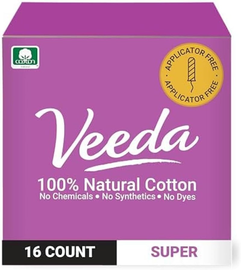 تامبونز فيدا 100% قطن طبيعي - تامبونز بدون تطبيق مع حماية ضد التسرب - بدون رائحة، خالي من الكلور والسموم - 16 قطعة