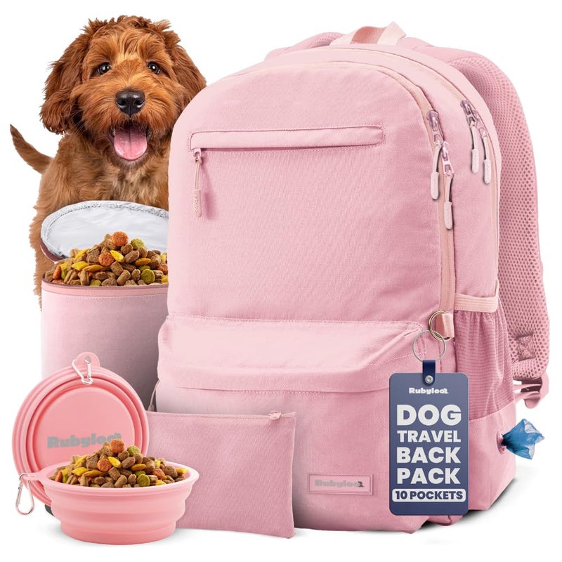 rubyloo Dog Travel Bag for Supplies - Complete Dog Diaper Bag Backpack with 2 BPA-Free Travel Bowls, Treat Pouch, Food Container, Placemat & Laptop Sleeve â€“ for Traveling, Road Trips, Hiking: Dusty Pink - Image 1