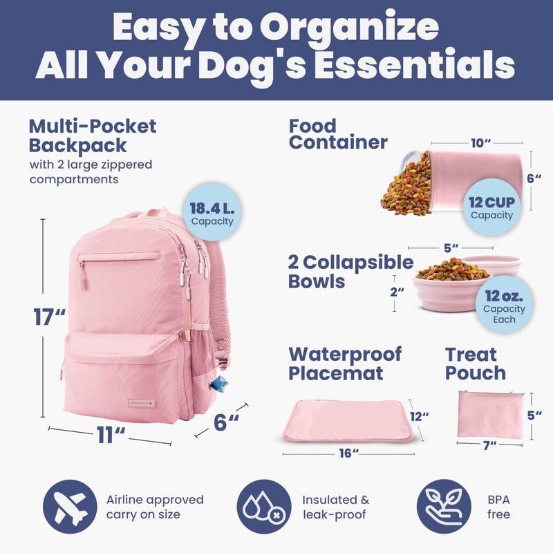 rubyloo Dog Travel Bag for Supplies - Complete Dog Diaper Bag Backpack with 2 BPA-Free Travel Bowls, Treat Pouch, Food Container, Placemat & Laptop Sleeve â€“ for Traveling, Road Trips, Hiking: Dusty Pink - Image 3