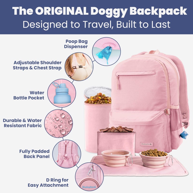 rubyloo Dog Travel Bag for Supplies - Complete Dog Diaper Bag Backpack with 2 BPA-Free Travel Bowls, Treat Pouch, Food Container, Placemat & Laptop Sleeve â€“ for Traveling, Road Trips, Hiking: Dusty Pink - Image 2