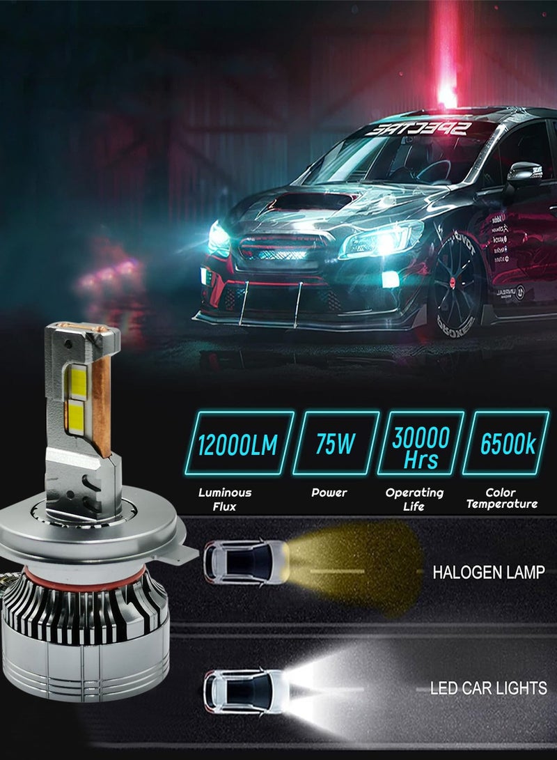 100مايلز مصباح LED للسيارة H4 75W 12000LM 6500K مصباح أمامي LED للسيارة مع نظام مروحة التبريد - 100 ميل - Image 4
