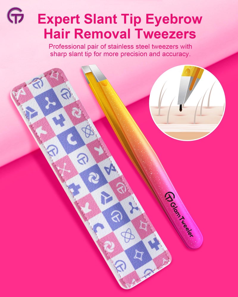GlamTweeler Expert Eyebrow Hair Removal Tweezer with Leather Case, GlamTweeler High Precision Slant Tip Stainless Steel Tweezers for Men and Women (Sparkle Fuchsia & Yellow) - Image 2