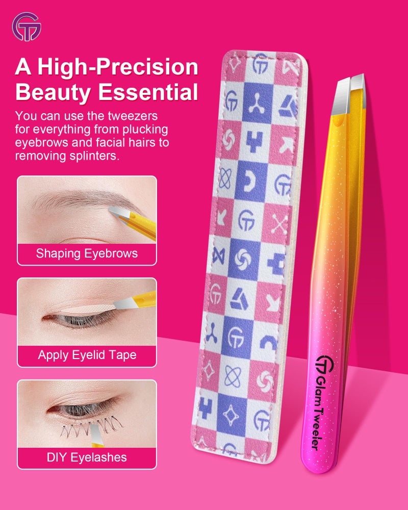 GlamTweeler Expert Eyebrow Hair Removal Tweezer with Leather Case, GlamTweeler High Precision Slant Tip Stainless Steel Tweezers for Men and Women (Sparkle Fuchsia & Yellow) - Image 5