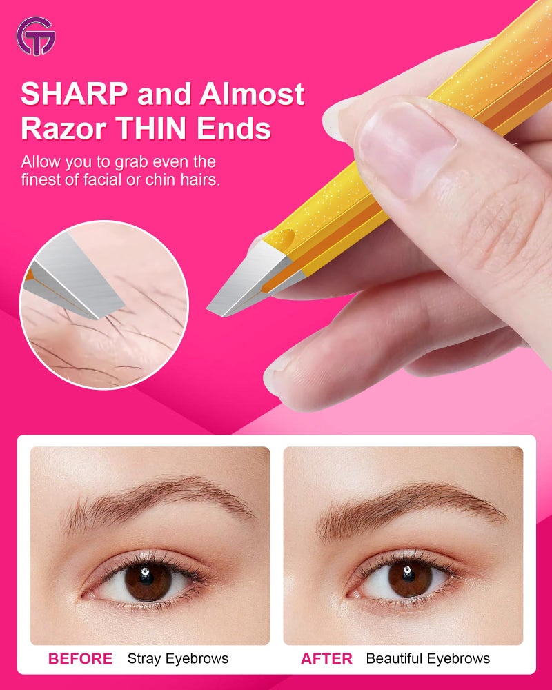 GlamTweeler Expert Eyebrow Hair Removal Tweezer with Leather Case, GlamTweeler High Precision Slant Tip Stainless Steel Tweezers for Men and Women (Sparkle Fuchsia & Yellow) - Image 4