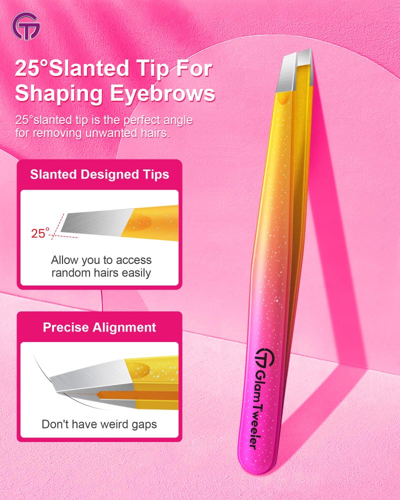 GlamTweeler Expert Eyebrow Hair Removal Tweezer with Leather Case, GlamTweeler High Precision Slant Tip Stainless Steel Tweezers for Men and Women (Sparkle Fuchsia & Yellow) - Image 3