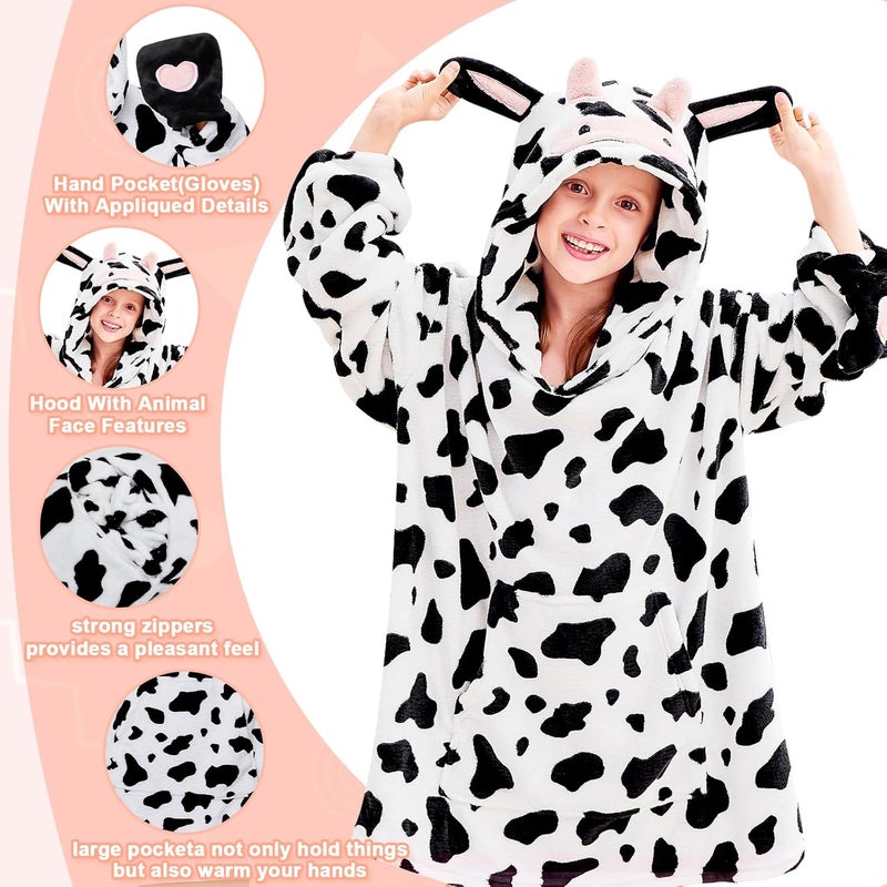 IFNOW Wearable Blanket Hoodie Kids, Oversized Fleece Blanket Sweatshirt Christmas Birthday Gifts for Boys, Girls, Teen Hoodie with Portable Foldable Blanket Pillow, Animal Embroidery 5-15 Years, Cow - Image 3