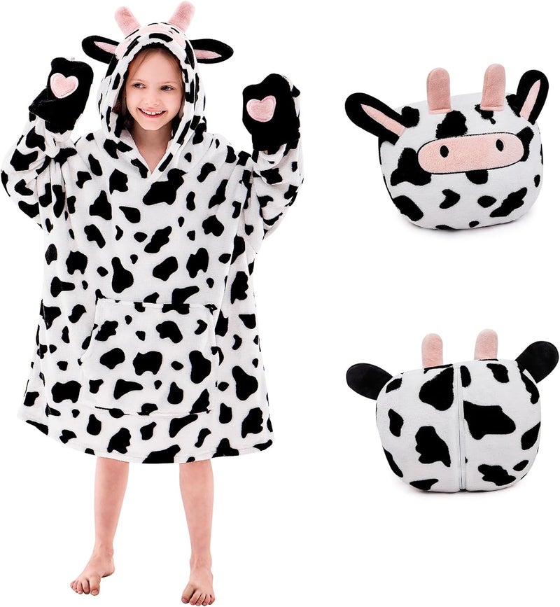 IFNOW Wearable Blanket Hoodie Kids, Oversized Fleece Blanket Sweatshirt Christmas Birthday Gifts for Boys, Girls, Teen Hoodie with Portable Foldable Blanket Pillow, Animal Embroidery 5-15 Years, Cow - Image 1