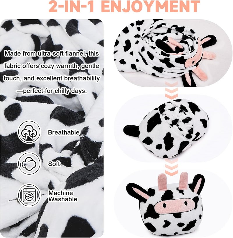 IFNOW Wearable Blanket Hoodie Kids, Oversized Fleece Blanket Sweatshirt Christmas Birthday Gifts for Boys, Girls, Teen Hoodie with Portable Foldable Blanket Pillow, Animal Embroidery 5-15 Years, Cow - Image 4
