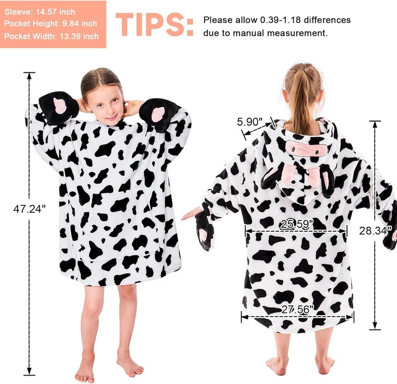 IFNOW Wearable Blanket Hoodie Kids, Oversized Fleece Blanket Sweatshirt Christmas Birthday Gifts for Boys, Girls, Teen Hoodie with Portable Foldable Blanket Pillow, Animal Embroidery 5-15 Years, Cow - Image 2